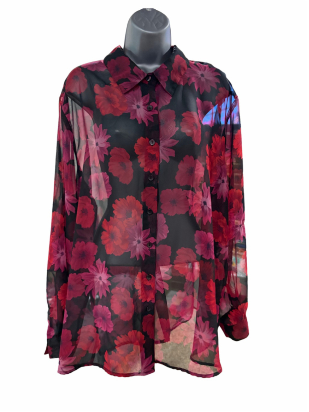 Women's Impressions Floral Button Down Shirt Medium Black Red size 3X